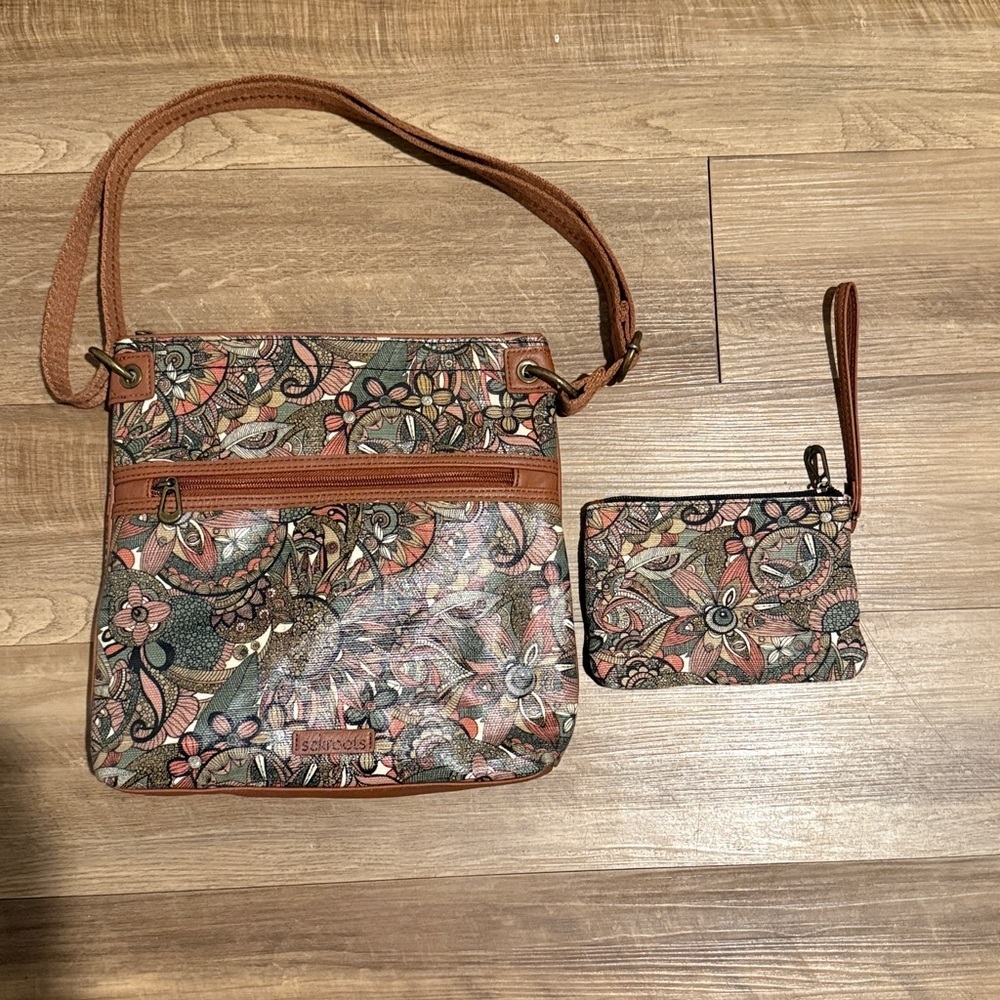 Sakroot Sienna Spirit Desert Floral Earth Tones Coated Canvas Crossbody Wristlet